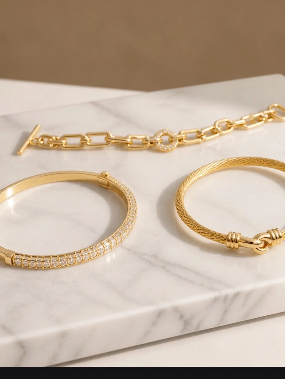 Gold-Tone Three-Piece Bracelet Set - Elegant Sparkle and Cable Designs NWT